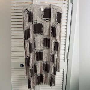 Chico’s Crochet Patch Cardigan in Taupe and Chocolate
